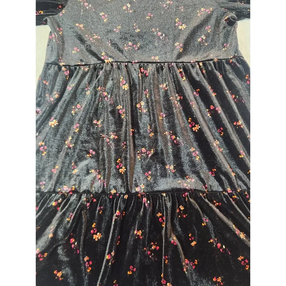Old Navy Girls XL 14-16 Black Velvet Floral Dress Puff Sleeve Tiered‎